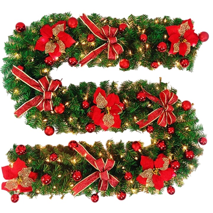 Ghirlanda bin brad artificial de Craciun din crengute de brad artificial verde clasic, cu instalatie, lungime 270 cm, aspect natural