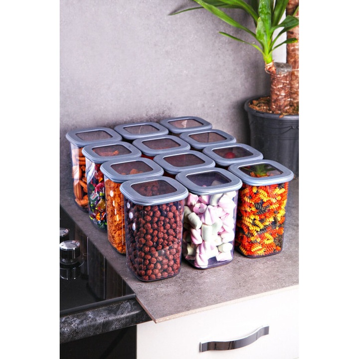 Set 12 cutii de depozitare alimente, J28, Gri, 1200 ml