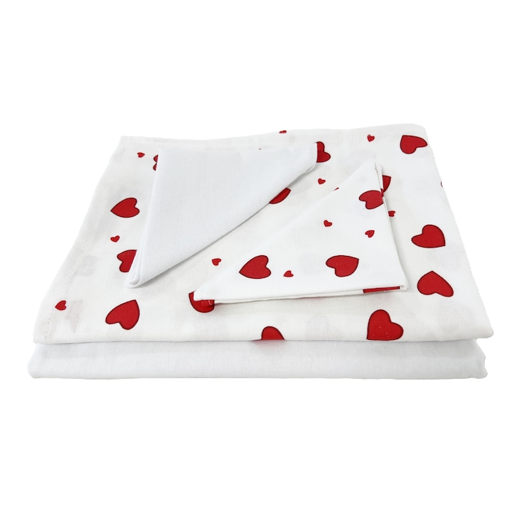 Set 2 bucati scutec de infasat bebe, 100x100cm, finet, cu 2 lavete, model combinat, uni/inimioare, alb/rosu