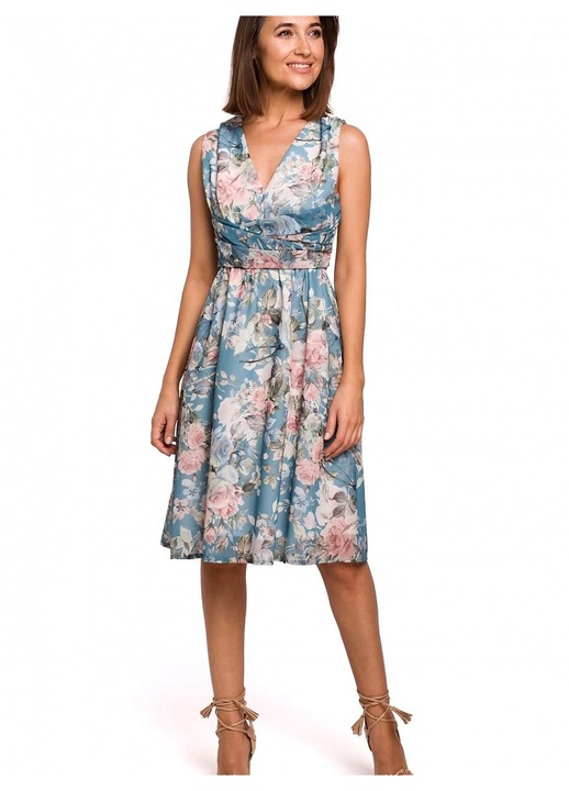 Елегантна рокля Stylove, полиестер, флорален десен, дълбоко деколте, синьо/розово