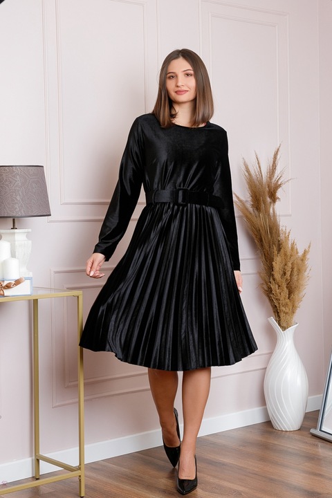 Елегантна черна кадифена рокля на Selena с колан на талията, Черен, One Size