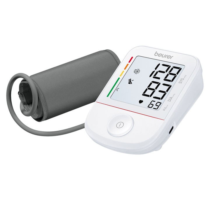 Tensiometru de brat Beurer BM 38, usor de folosit, detecteaza aritmia, indicator de repaus patentat, functie de verificare a pozitiei mansetei, tehnologie inflation, indicator de risc, afisaj XL, manseta 22-42 cm, dispozitiv medical