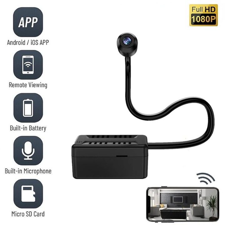 Mini Camera de Supraveghere 4G, X7A, 1080P, Unghi larg 120°, SIM Slot, SD Card Slot, Retea GSM, Transmisie Live, Detectie Miscare
