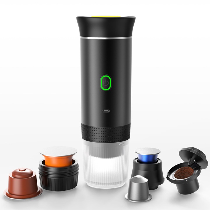Espressor Portabil Electric 3 in 1 Fara Fir OnXsmart®, Compatibil cu Capsule Nespresso, Dolce Gusto si Cafea Macinata, Cu Incalzirea Apei sau Prepararea Cafelei Reci, Incarcare USB Type C, Ideal pentru Acasa, Camping si Masina, NEGRU