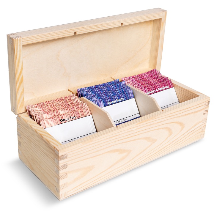 Tea- és gyógytea-tartó doboz, Creative Deco, 3 rekeszes tároló, 22,5 x 9,5 x 8 cm, Ékszerdoboz, Fedéllel, zárral és kivehető elválasztókkal, decoupage-hoz, rendszerezéshez, ajándékhoz ideális