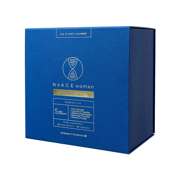 Supliment anti-imbatranire NoAge Sapphirus, set de 25 fiole si 25 capsule, pentru femei 40+, cu Coenzima Q10, lichid 25ml