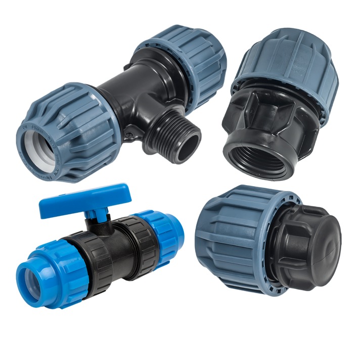 Комплект фитинги Elysee, Преход с женска резба 40x1 1/4, Кран, Тройник с мъжка резба 40x1 1/4, Тапа, ф40, 5 Броя