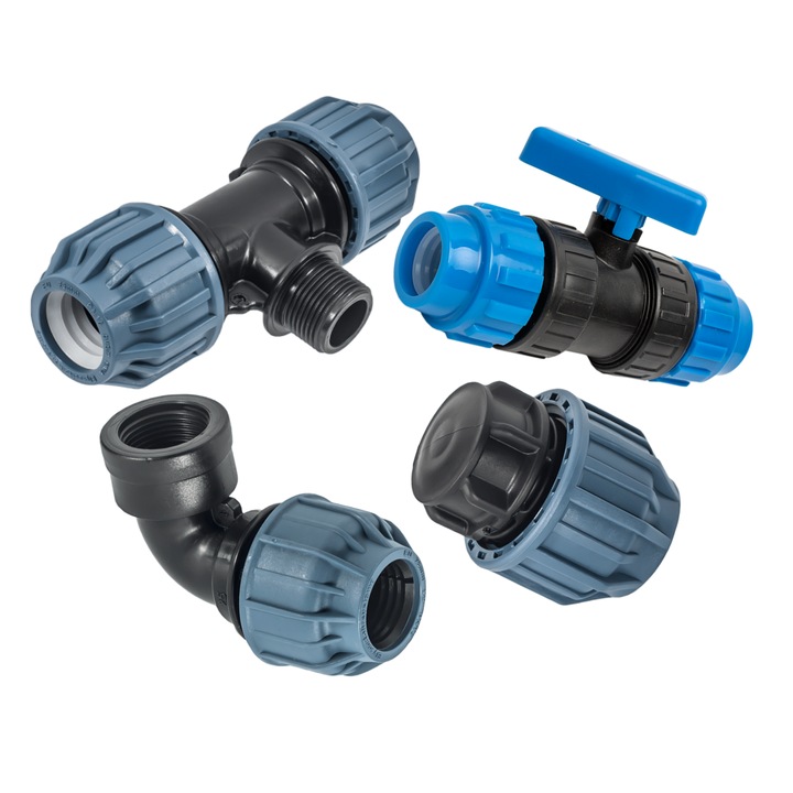 Set fitinguri Elysee, Cot cu filet interior 25x3/4, Robinet, T cu filet interior 25x3/4, Dop, F25, 5 buc.