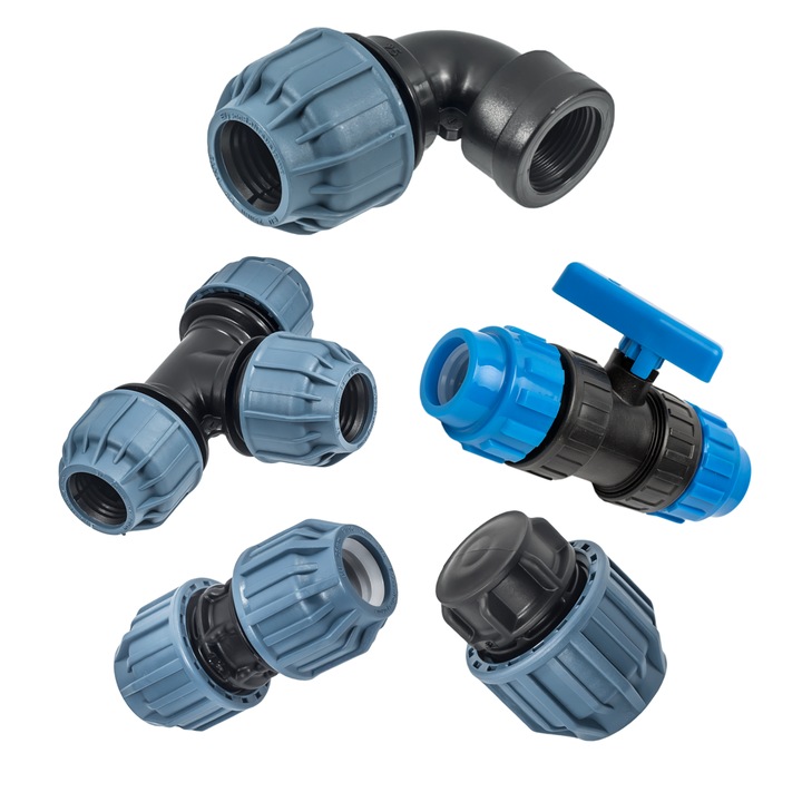 Set fitinguri Elysee, Cot cu filet mama 50x1 1/2, T, Robinet, Manson, Dop, F50, 24 buc.