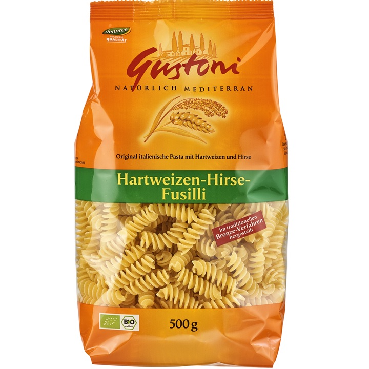 Bio Fusilli tészta teljes kiőrlésű búzadarából és édes kölesből 500 g