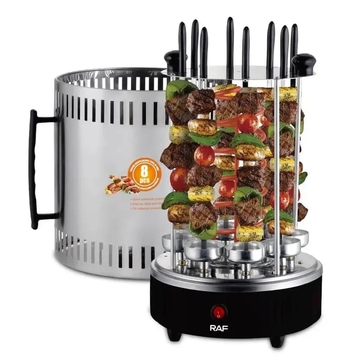 Многофункционална електрическа скара RAF R8619, RAF, 1200 W, За 8 шиша, Cтоманена, 24 x 24 x 40 cm, Черно-сребриста