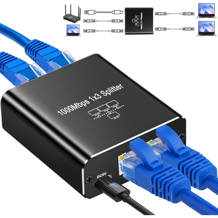 Splitter Ethernet RJ45 cu 3 Porturi, Adaptor Retea Internet 1 la 3 Porturi, 1000Mbps, Carcasa din Aluminiu, pentru IPTV, Router, PC, Nergu