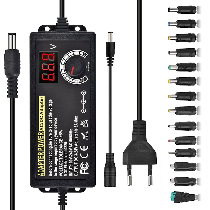 Univerzális AC / DC adapter töltő 14 csatlakozódugós, 3V - 24V állítható, 3A 72W max, LED feszültségjelzővel, Kompatibilis háztartási elektronikai termékekkel, DC motorokkal, Fekete