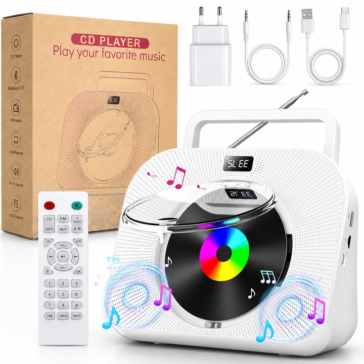 CD Player Portabil Multifunctional, BYONDSELF®, Bluetooth 5.1, Afisaj LED, 8 W, Difuzoare Duble HIFI Incorporate, Mod Sleep, cu Maner de Transport, Telecomanda, Adaptor, Alb