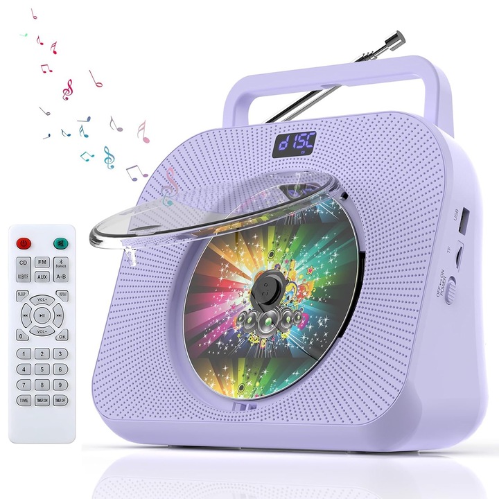 CD Player Portabil Multifunctional, BYONDSELF®, Bluetooth 5.1, Afisaj LED, 8 W, Difuzoare Duble HIFI Incorporate, Mod Sleep, cu Maner de Transport, Telecomanda, Adaptor, Violet