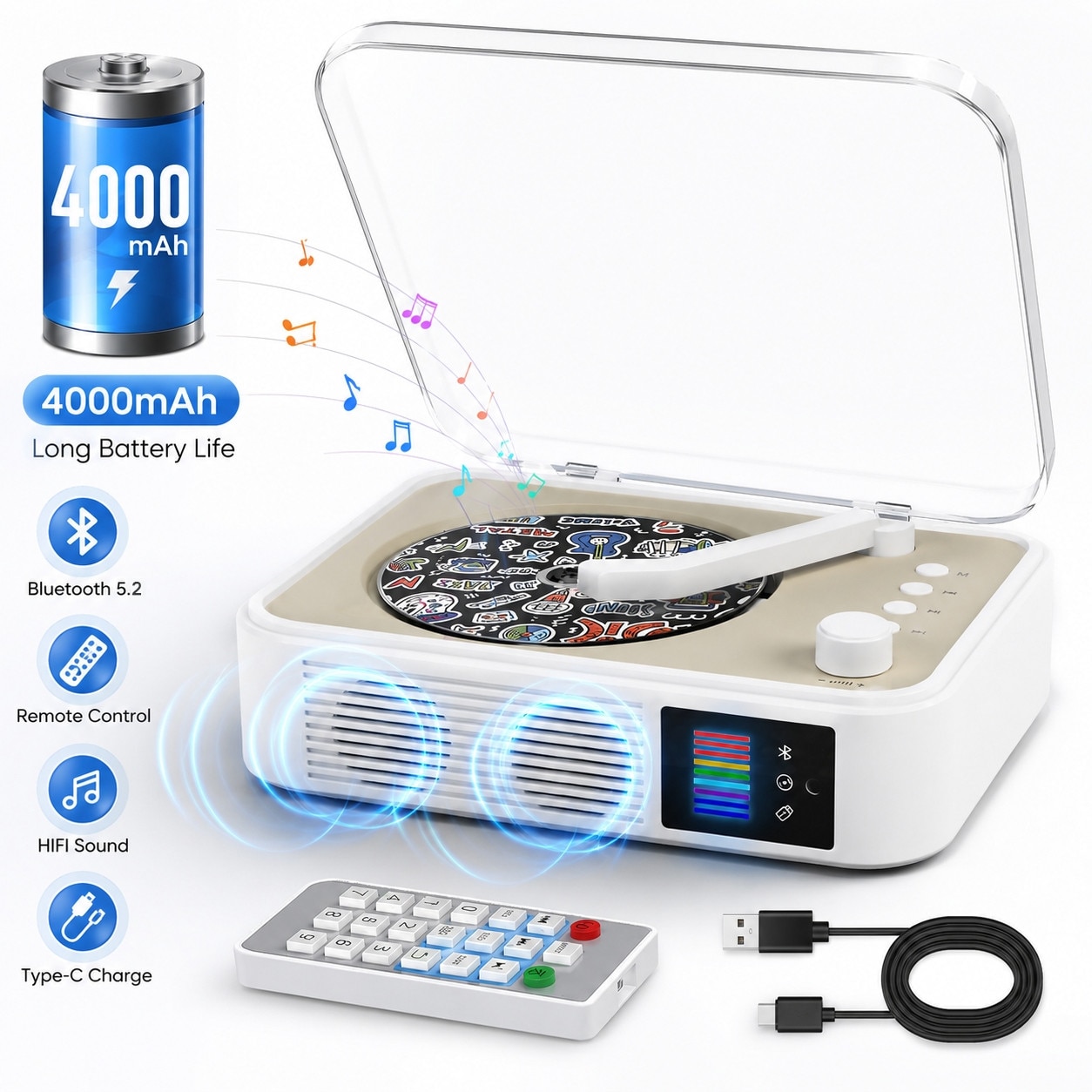 CD Player Portabil Multifunctional, BYONDSELF®, 4000 mAh