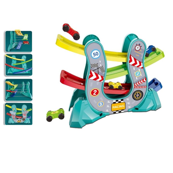 Детски комплект играчки Монтесори OVERTANG, рампа за кола с 4 коли, дърво, цветове и цифри, 2 години