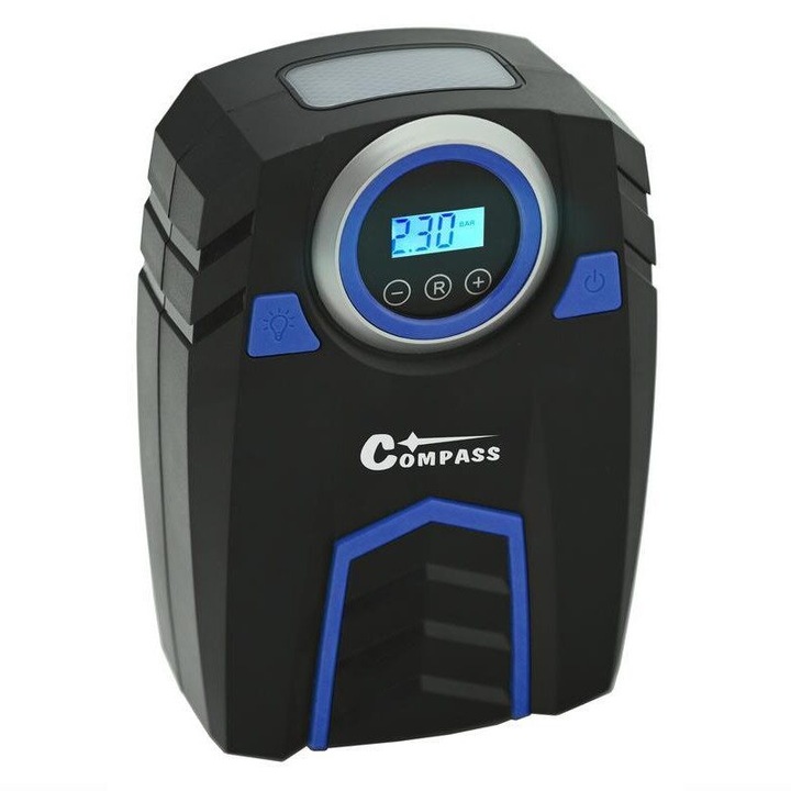Compresor aer, 10bar, 12V, 120W, automat cu manometru digital, cu lanterna, 3 adaptoare, CORA, 07189 Compass