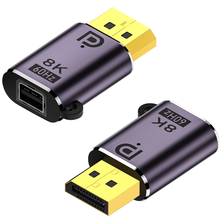 Set 2 Adaptor, SINBINTA, Mini Displayport mama la Displayport tata, Suporta rezolutie maxima 8K la 60Hz, Compatibilitate larga, 32Gbps, Stabilitate, Plug &Play, Dublu sens, Pentru laptop, desktop, proiector, Aluminiu/PVC, 35x21mm, Gri