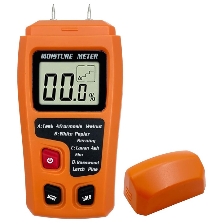 Aparat profesional (umidometru) pentru masurarea gradului de umiditate al lemnului si altor materiale inrudite, 4 moduri de masurare, display LCD mare, OUYLAF, Portocalie