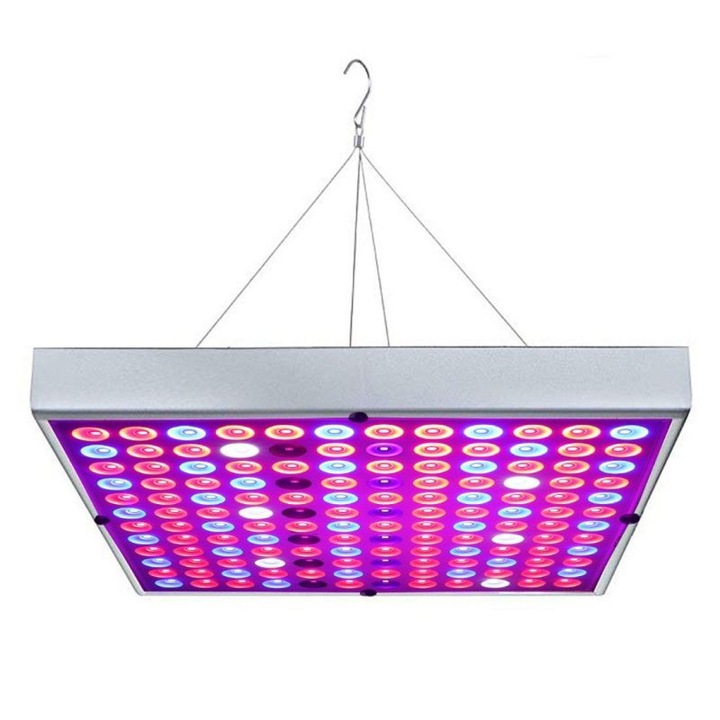 Lampa cu LED eMazing de 45W pentru cultivarea plantelor in interior, cu 225 LED-uri (165 rosii si 60 albastre), dimensiuni 30 x 30 cm, iuminare multicolora
