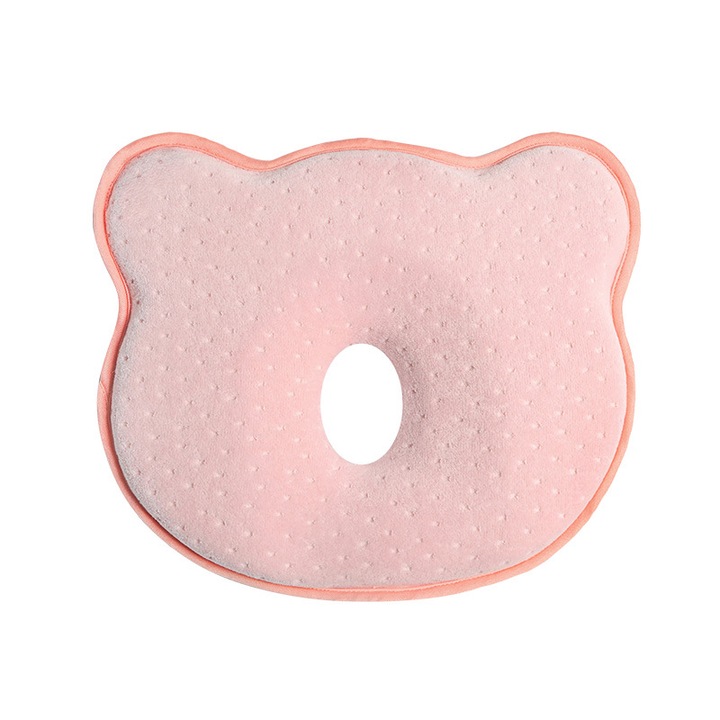 Perna de dormit pentru bebelusi din spuma cu memorie, invelis catifea de bumbac, anti-plagiocefalie, moale, confortabila, lavabila si ergonomica, pentru prevenirea inclinarii capului, in forma de ursulet, culoare roz