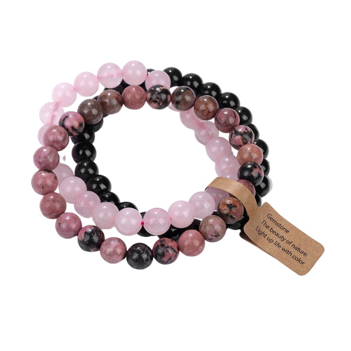 Set Bratara norocoasa pentru femei, GOGOU®, 3 buc, din piatra naturala tesuta manual, 19 cm, Multicolor