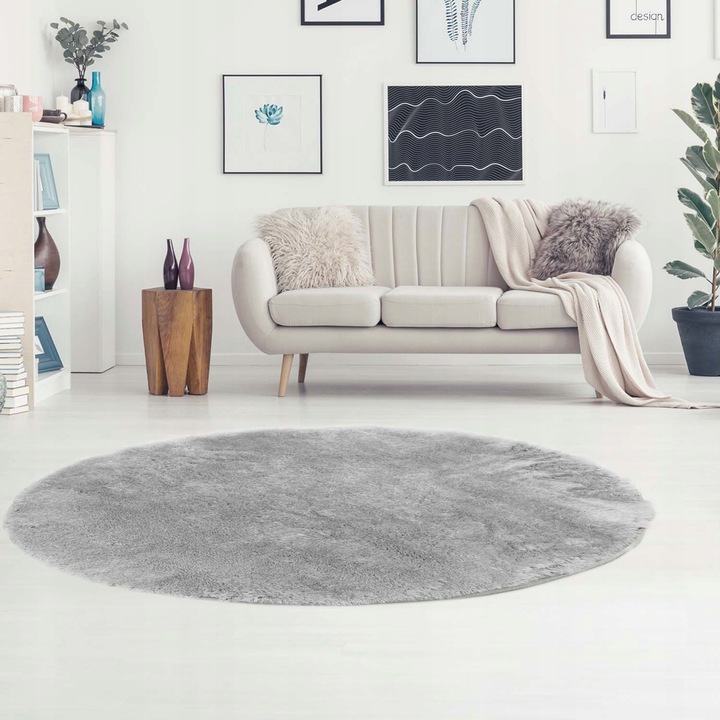 Covor, elSimone, 160 cm, Argintiu, Softi, Rotund, Plusat, Moale, Pufos, Antiderapant, Lavabil, Microfibra, Izolare Termica, Luxos, Confort Picioare, Design Modern, Elegant