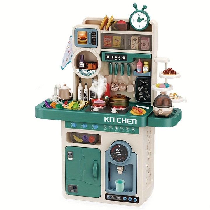 Детски кухненски комплект, 90 части, с електронен котлон, мивка, сменящи цвета храни, зелен, 96 см