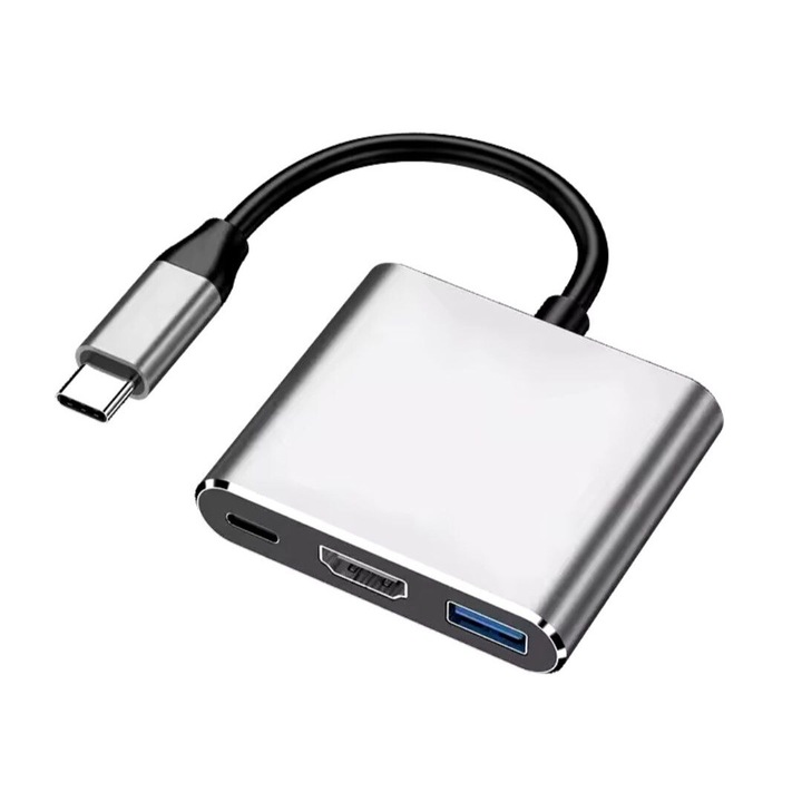 Usb Hub Planet Tech 3 in 1, USB C to HDMI-compatible Splitter, HUB Type-C to HDMI-compatible, USB 3.0 Docking Station For Macbook Air Converter, Сив