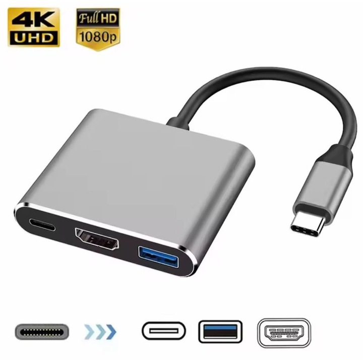 Hub USB Planet Tech 3 in 1, Splitter compatibil USB C catre HDMI, compatibil HUB Type-C catre HDMI, Statie de andocare USB 3.0 pentru convertor Macbook Air, gri