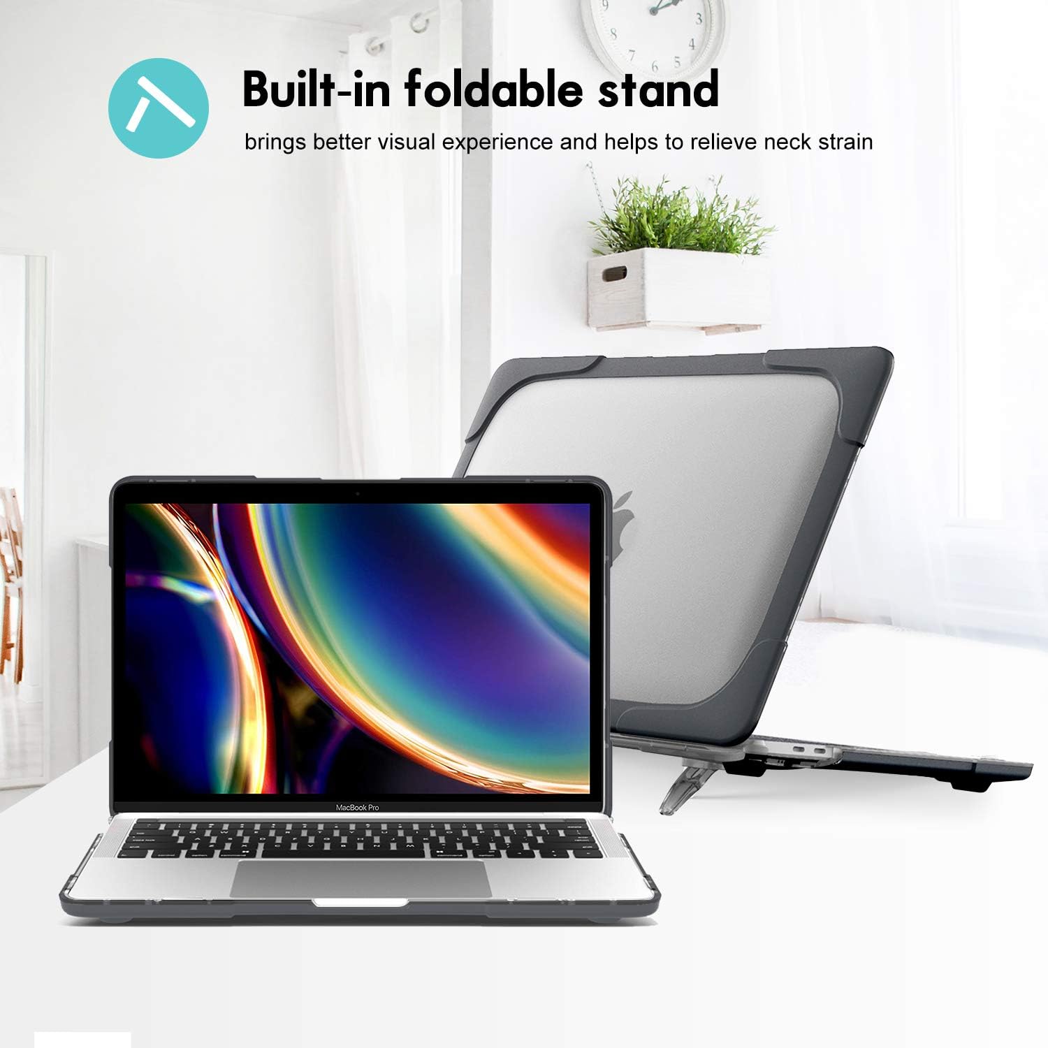 Husa pentru MacBook, ProCase, Pro 13 Inch 2022/2020, A2338/A2251/A2289, Rezistenta, Carcasa Rigida, in doua straturi, Protectie Completa cu Suport Multifunctional, Negru