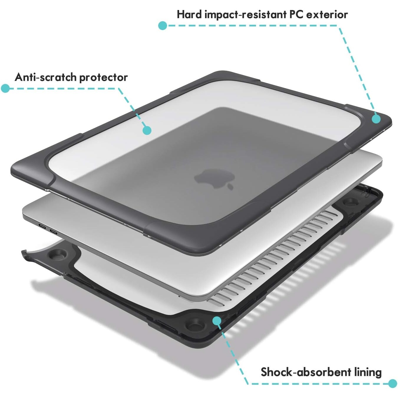 Husa pentru MacBook, ProCase, Pro 13 Inch 2022/2020, A2338/A2251/A2289, Rezistenta, Carcasa Rigida, in doua straturi, Protectie Completa cu Suport Multifunctional, Negru