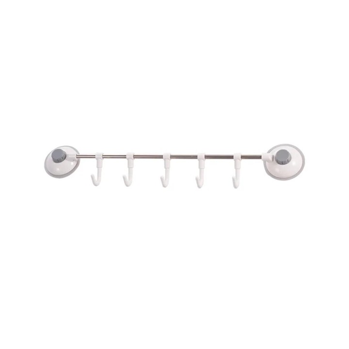 Suport de perete Lotfi, pentru baie/bucatarie, cu ventuze, ajustabil, cu 5 prinzatoare, rezistent, dimensiune 33.5x10cm