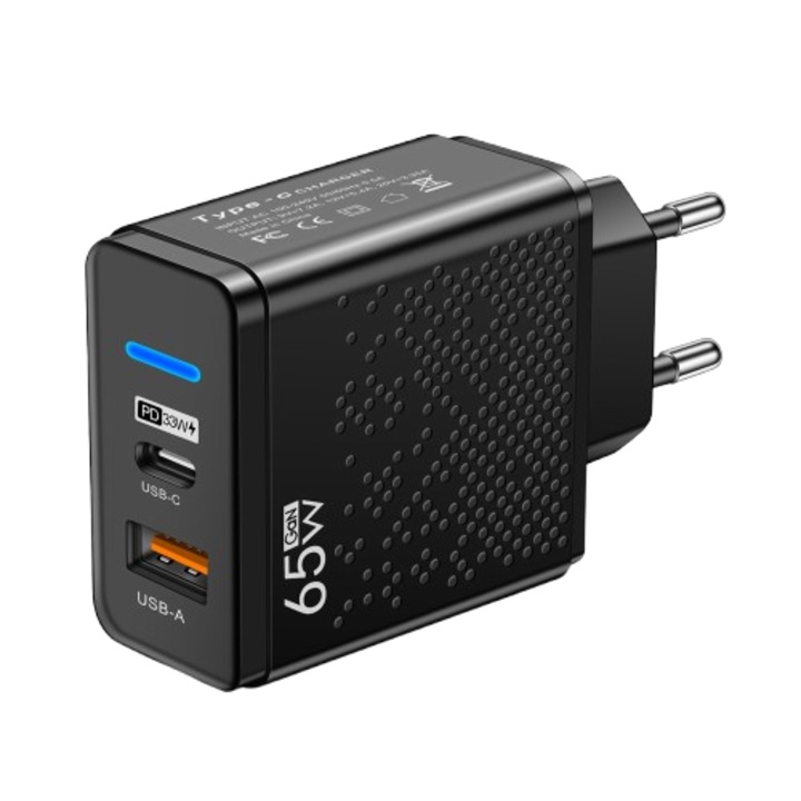 LED-es telefontöltő USB+PD Type-C, 12W, fekete, kompakt, utazáshoz és mindennapi használatra – Ideális gyorstöltéshez és hordozhatósághoz