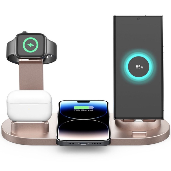 Incarcator Wireless 3 in 1, 15W, Roz Auriu, Dimensiuni 24.5x10.9x5.8cm - Ideal pentru Incarcare Rapida si Portabilitate