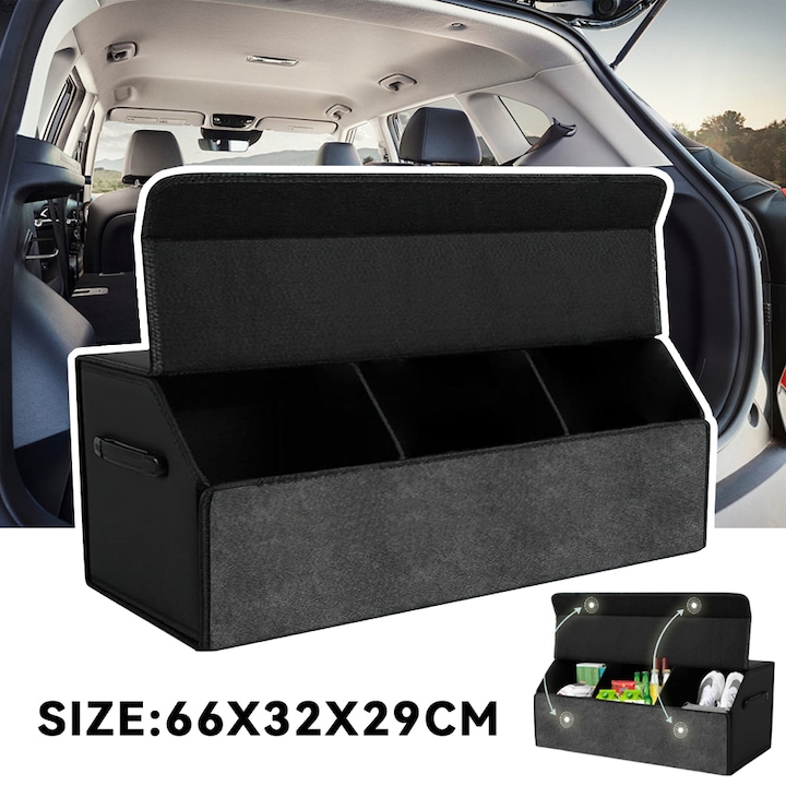 Organizator Portbagaj Auto Premium, Tressino, Piele Suede de Culoare Neagra, Rezistent, Impermeabil, Multifunctionala, Capacitate Mare, cu Separatoare Detasabile, 66x32x29 cm