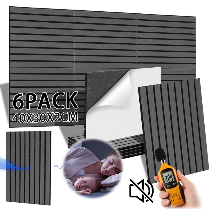 Panouri Acustice din Lemn, Tressino, Fibre de Poliestere, 30x40 cm, 6 Panouri, Montaj Usor, cu Adeziv Autoadeziv, Gri