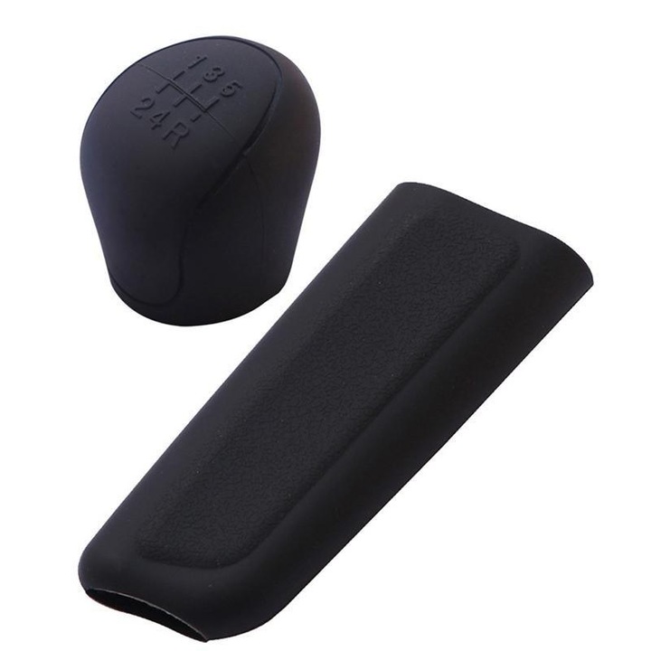 Set husa maner schimbator de viteze, cutie manuala, 5 trepte, culoare negru, compatibil cu diverse tipuri auturisme Dacia si Ford + husa pentru maner frana de mana negru