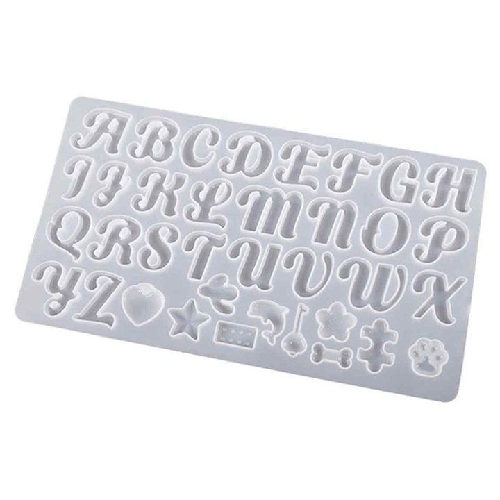 Set matrite siliconice pentru breloc cu alfabet, Enforose, 26 litere, 10 modele ornamentale