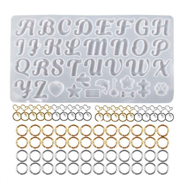 Set matrite din silicon pentru brelocuri cu alfabet, Enforose, 26 litere, 10 modele ornamentale