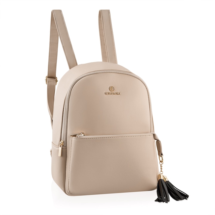 Rucsac dama, Betlewski, Miley, Piele ecologica, 26 x 30 x 20 cm, bretele reglabile, lungime bretele max 92 cm, culoare bej