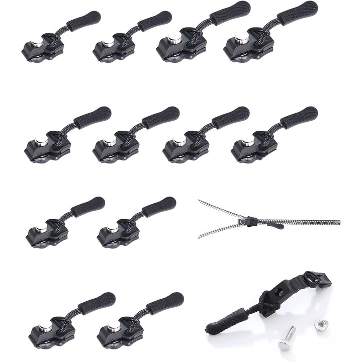 12 darabos levehető cipzárhúzó készlet, Dussdote, műanyag, fekete