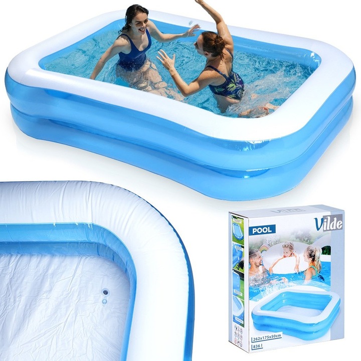 Piscina Gonflabila Pentru Gradina, Vilde, 245x160x43 cm, Constructie Rezistenta Din Pvc, Doua Inele Gonflabile Pentru Siguranta, Golire Usoara A Apei Datorita Unei Valve Speciale, Dimensiuni Compacte Ideale Pentru Gradini Mici, Albastru/Alb