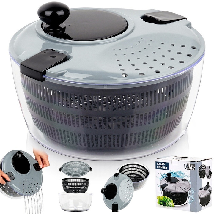 Centifuga Pentru Uscat Salata, Vilde, 26x24.5x16.5 cm, Bol Din Material Rezistent, Transparent, Cos Negru, Capac Gri Cu Elemente Negre, Capacitate Maxima A Bolului 4 L, Usor De Curatat Toate Partile Se Pot Demonta Si Spala Manual, Transparent/Negru/Gri