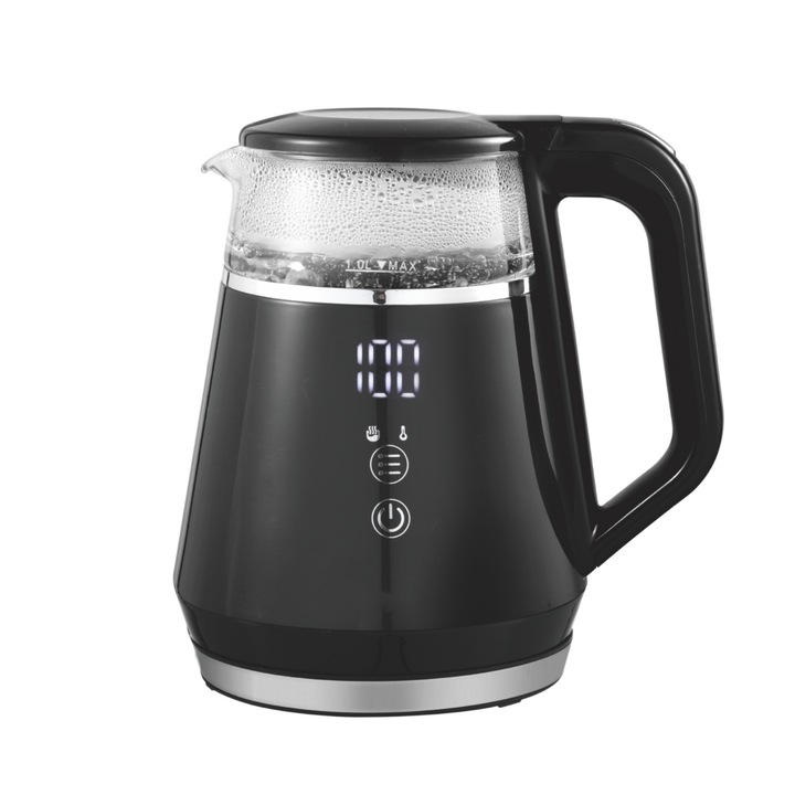 Ibrice electric, 1L, 5 temperaturi, ecran tactil, cu filtru, protectie impotriva uscarii prin ardere, rezistent la scaldare, negru