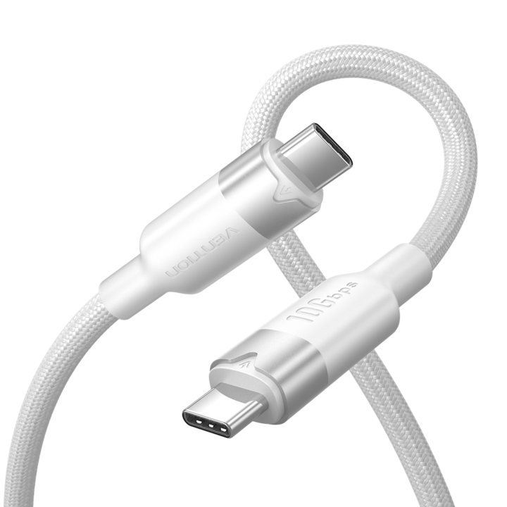 USB-C 3.2 Type-C кабел за данни, VENTION, 10Gbps, 100W Макс., Поддържа екранна проекция с висока разделителна способност 4K@60Hz, Бял, 0,5 m