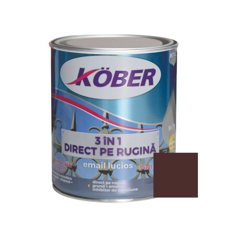 Vopsea alchidica pentru metal Kober 3 in 1, interior / exterior, brun, 0.75 L