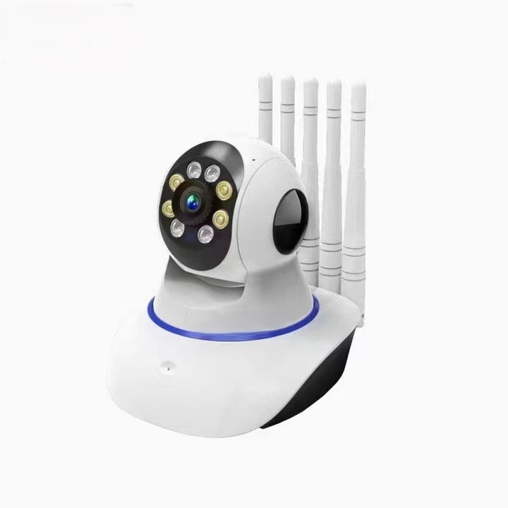 Camera Supraveghere Smart WiFi cu Viziune Nocturna, Alarme & Rotire 360°, 5 Antene, micro SD, Alb