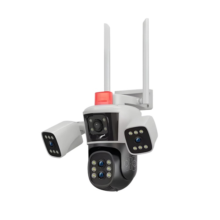 Camera de supraveghere cu 4 camere, HexaEye CCTV cu vizualizare 4 unghiuri, 16MP, Zoom 10x, IP67, Bidirectionala, senzor de miscare, alb